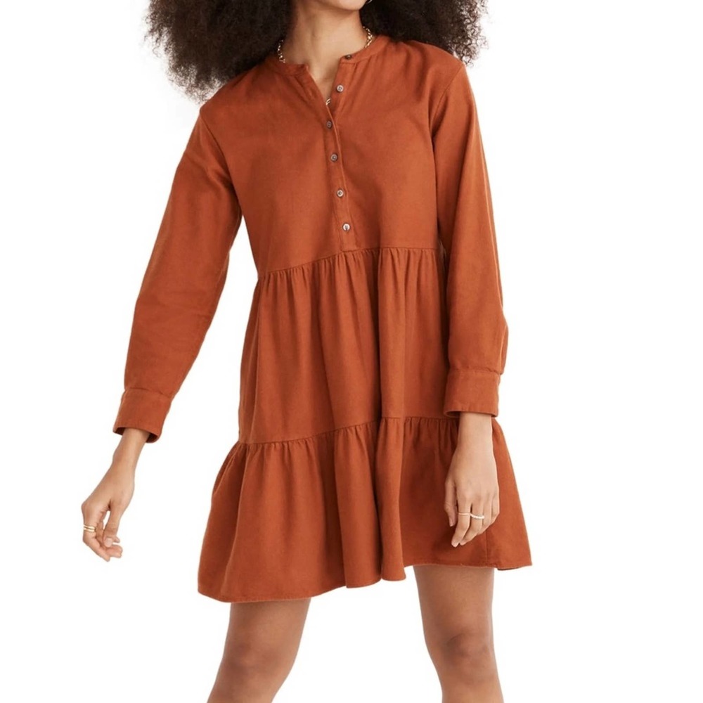 Madewell Long Sleeve Placket Tiered Cotton Flannel Mini Dress (M)